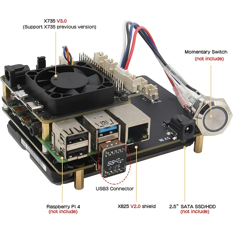 

Плата расширения для жесткого диска Raspberry Pi 4B X825 V2.0 + X735 V3 + чехол 2,5-дюймовый SATA жесткий диск SSD комплект платы с европейской вилкой