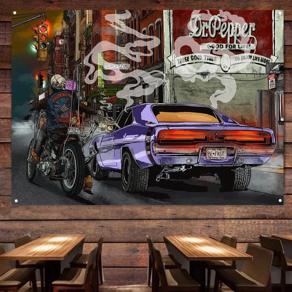 

Мотоциклетный и автомобильный каркас, Байкерский постер, гобелен, винтажный Настенный декор с автозаправочной станцией, флаг, настенный подвесной баннер, картина для гаража