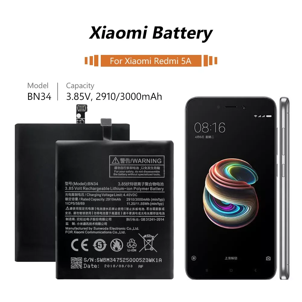 

NEW IN Battery 3.85V 2910/3000mAh BN34 BN 34 Lithium Li-ion Rechargeable Battery For Xiaomi Redmi Hongmi 5A