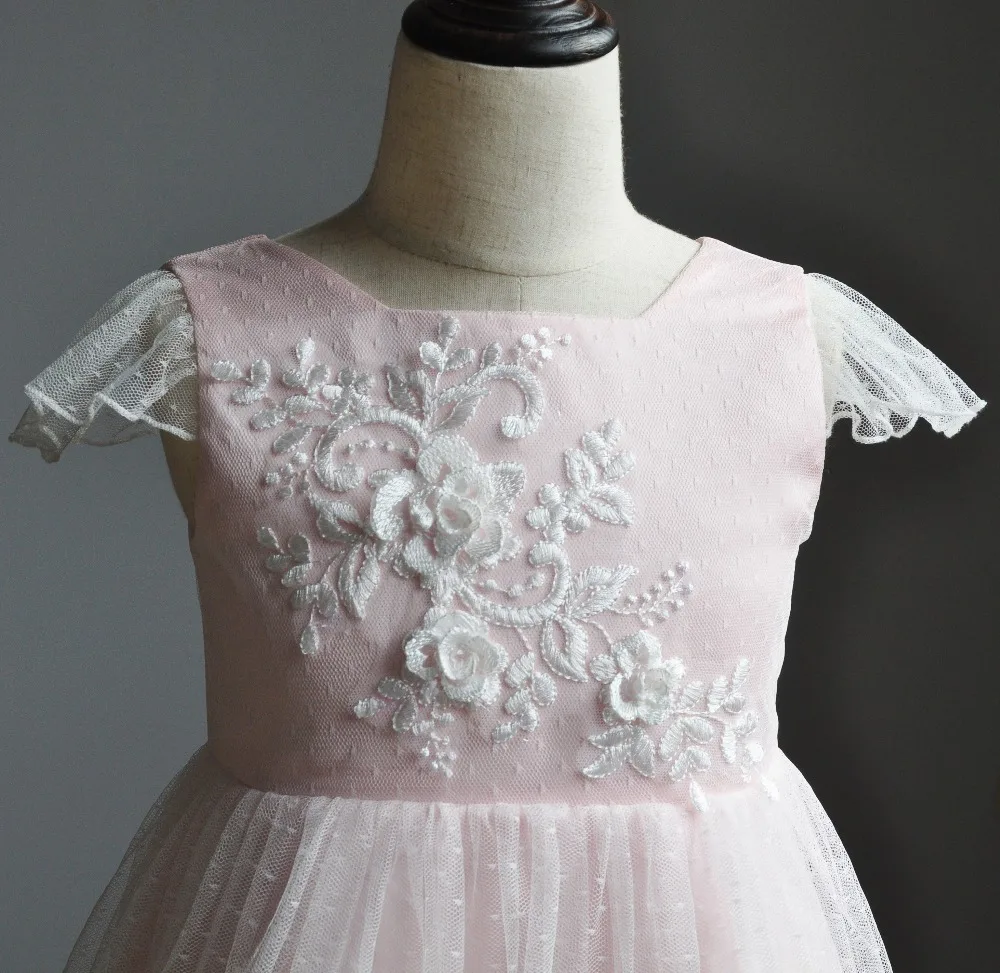 Кружевные платья для девочек с цветочным 3D аппликацией и рукавами-крылышками |