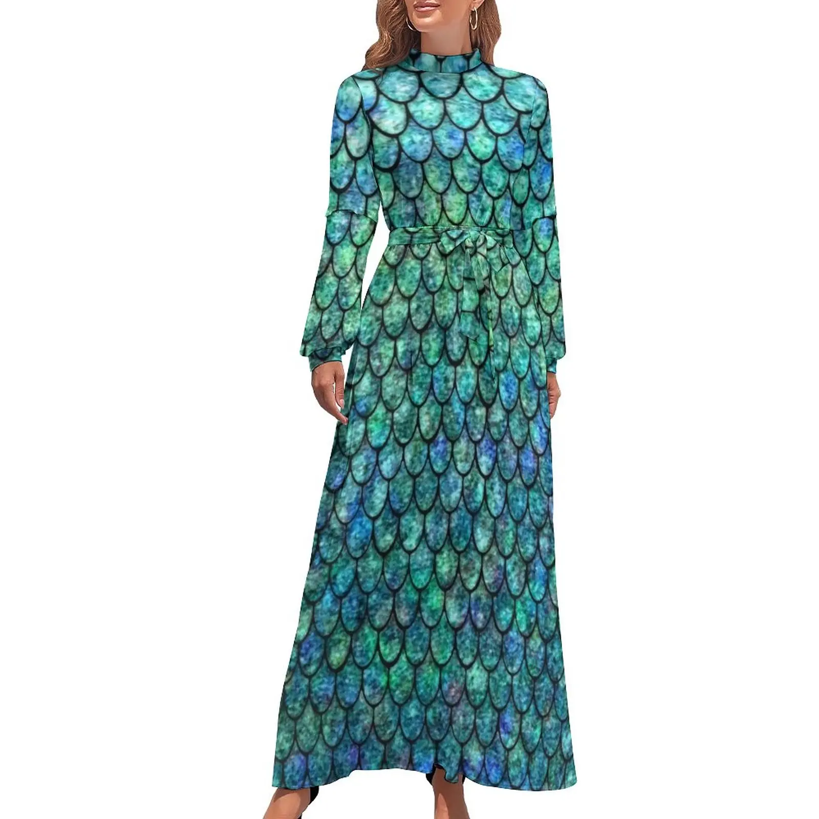 

Colorful Sparkle Dress Mermaid Scales Print Cute Printed Maxi Dress High Neck Long Sleeve Street Style Beach Long Dresses