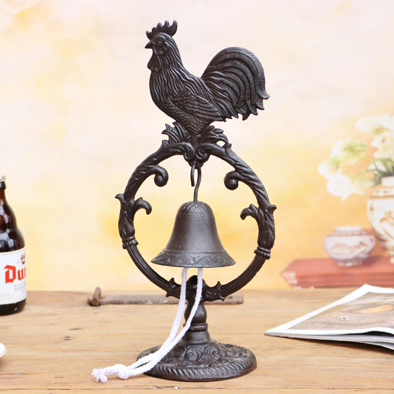

Retro Rooster Cast Iron Tabletop Dinner Bell With Round Bottom Base And Hand Manually Shaking Rope Double-Sided Vintage Rustic
