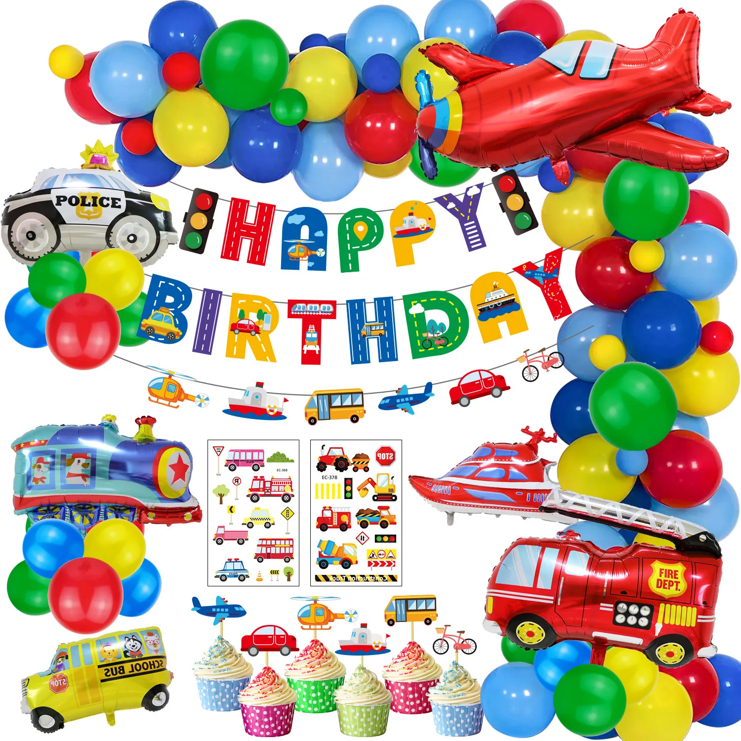 

Transportation Theme Party Decoration Rainbow Foil Balloon Set Letter Banner Train Bus Cupcake Topper Boy 1st Birthday Supplies