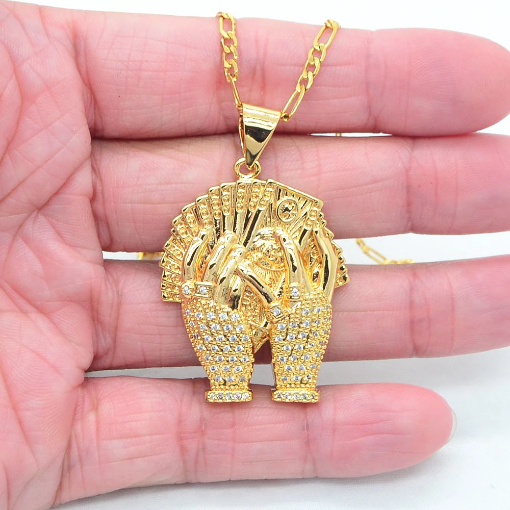 

Meftuna, желтое золото, женский прозрачный мистик, CZ, сверкающие деньги в руках, модный очаровательный кулон, 24 дюйма, цепочка Фигаро