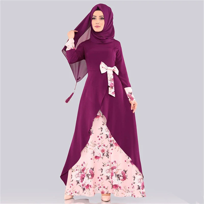 

Muslim Floral Print Maxi Dress Abaya Elegant Women Dubai Kaftan Islamic Jilbab Bow Robe Ramadan Party Arab Gown Clothing Caftan