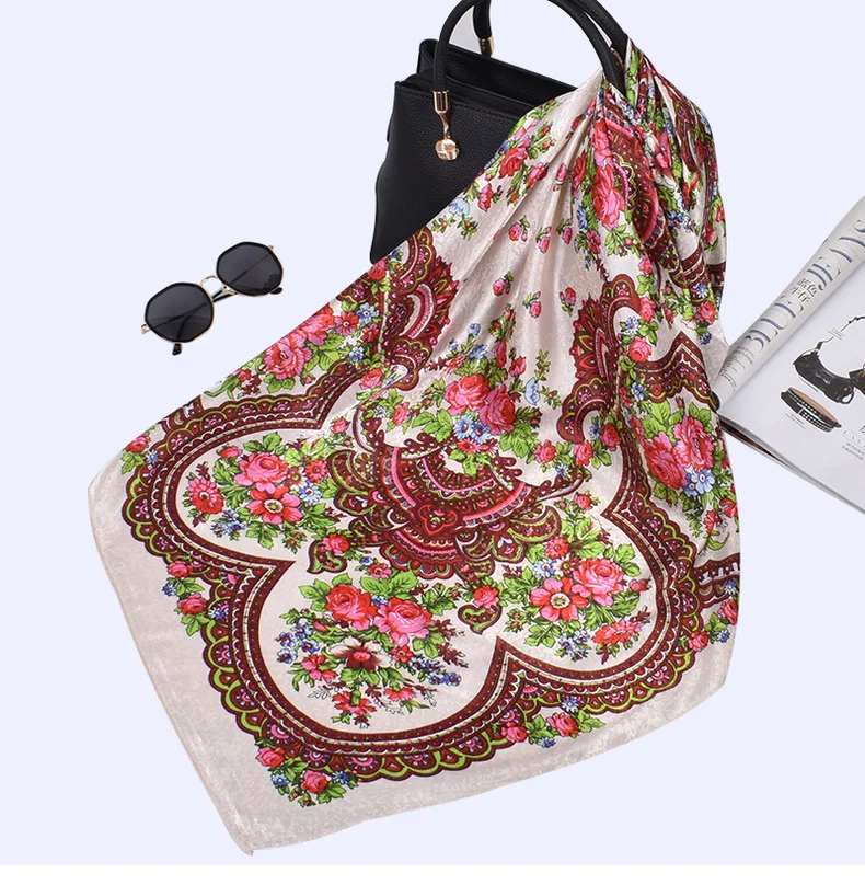 

95*95cm Russian Floral Silk Scarf for Women Luxury Flower Print Satin Square Bandana Handkerchief Ethnic Shawl Head Scarves