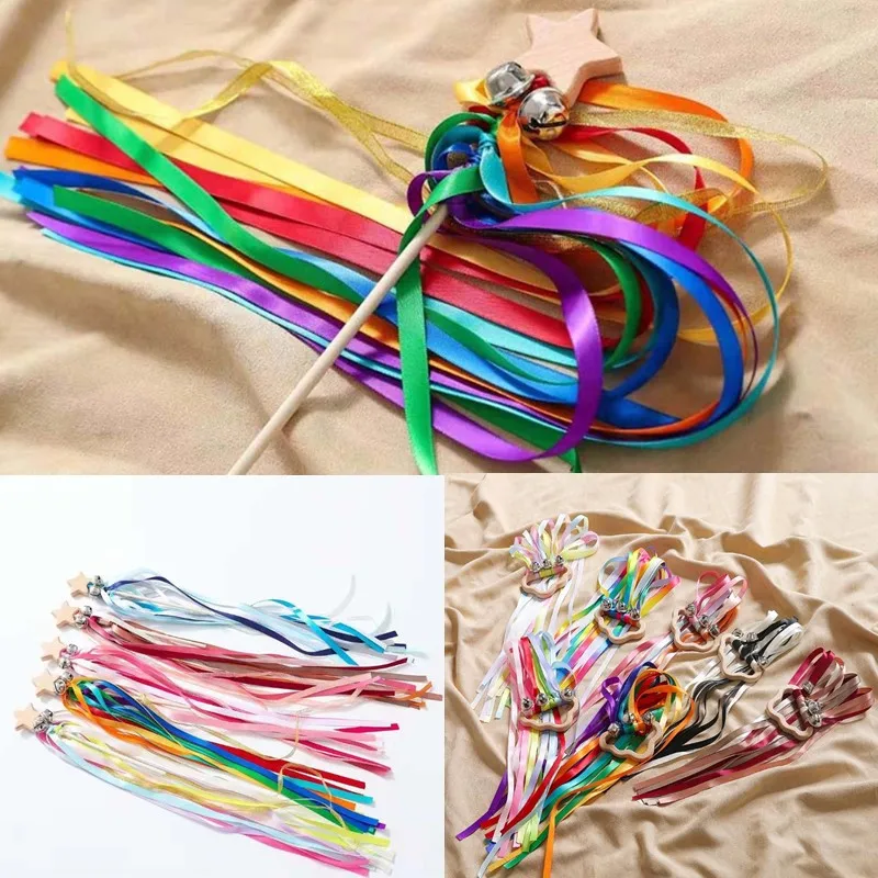 

BPA-free Montessori Style Sensory Toy Rainbow Ribbon Hand Kite Wooden Rattle Stick With Hand Bells Baby Children Educational Toy