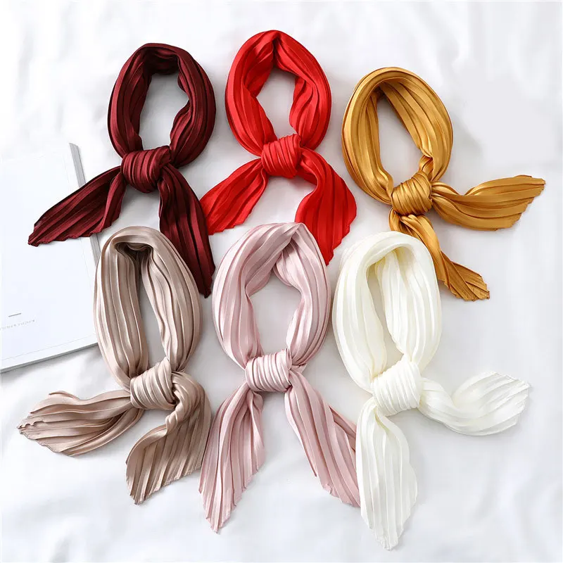 

70cm*70cm Crinkled Scarf Square Scarf Satin Neckerchief Solid Color Silk Pleated Scarf Fashion Decorative Headscarf
