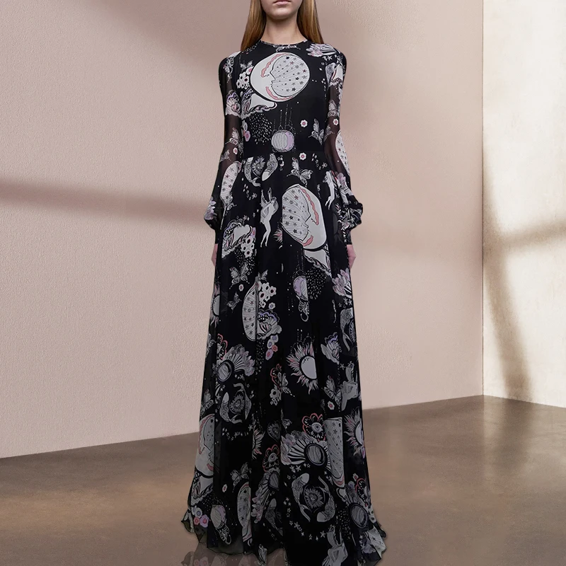 

Женское винтажное шифоновое платье, Черное длинное платье с цветочным принтом, о-образным вырезом и рукавами-фонариками, плиссированное летнее платье