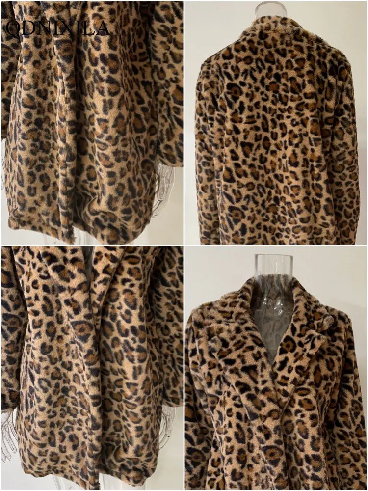 2023 Autumer Winter Coat Women Leopard Print Cardigan Jacket Coat Leather Fur Outfits Female Clothing Warm Furry Blouse Outwear