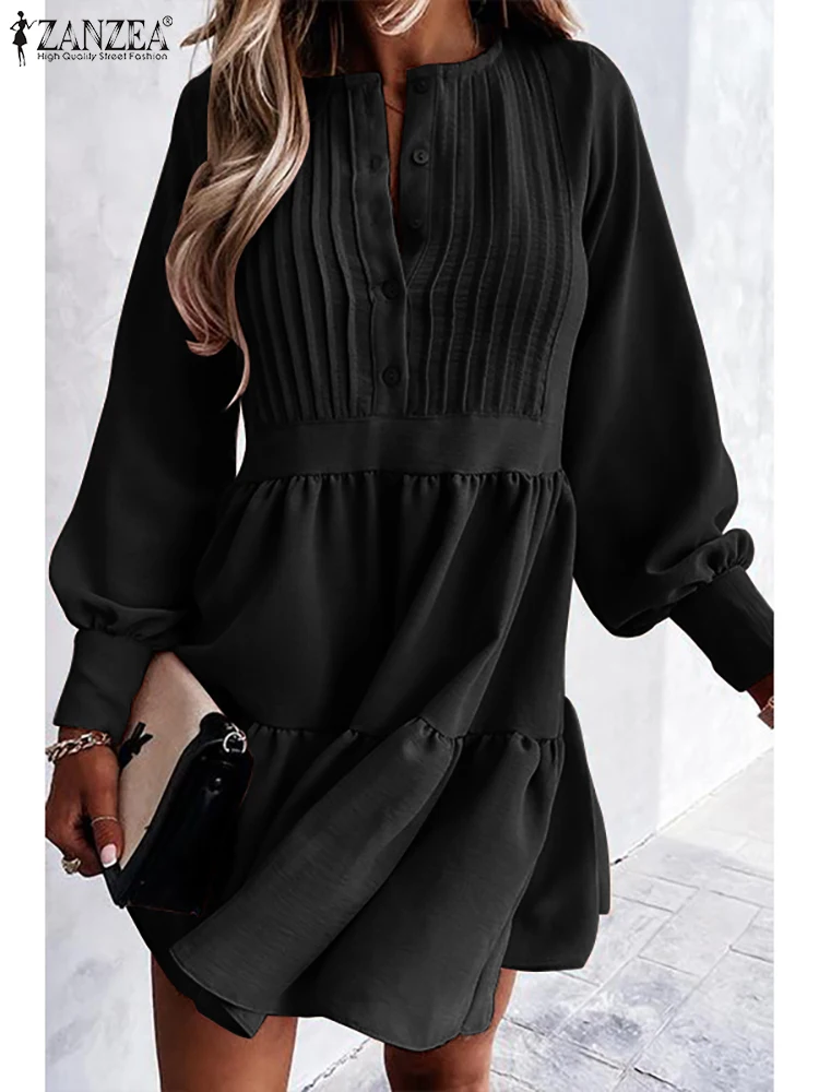 

Праздничное тонкое офисное платье 2022, стильный сарафан с оборками, женское Повседневное платье ZANZEA с длинным рукавом и круглым вырезом, эле...