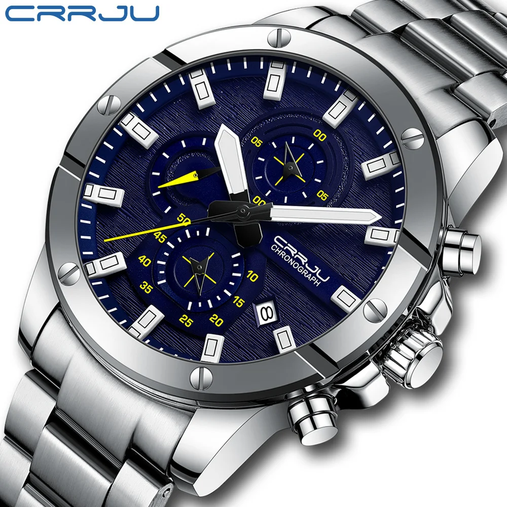 

CRRJU Men Watch NEW Quartz Big Watches Full Steel Waterproof Chronograph Wristwatch for Men Relogio Masculino