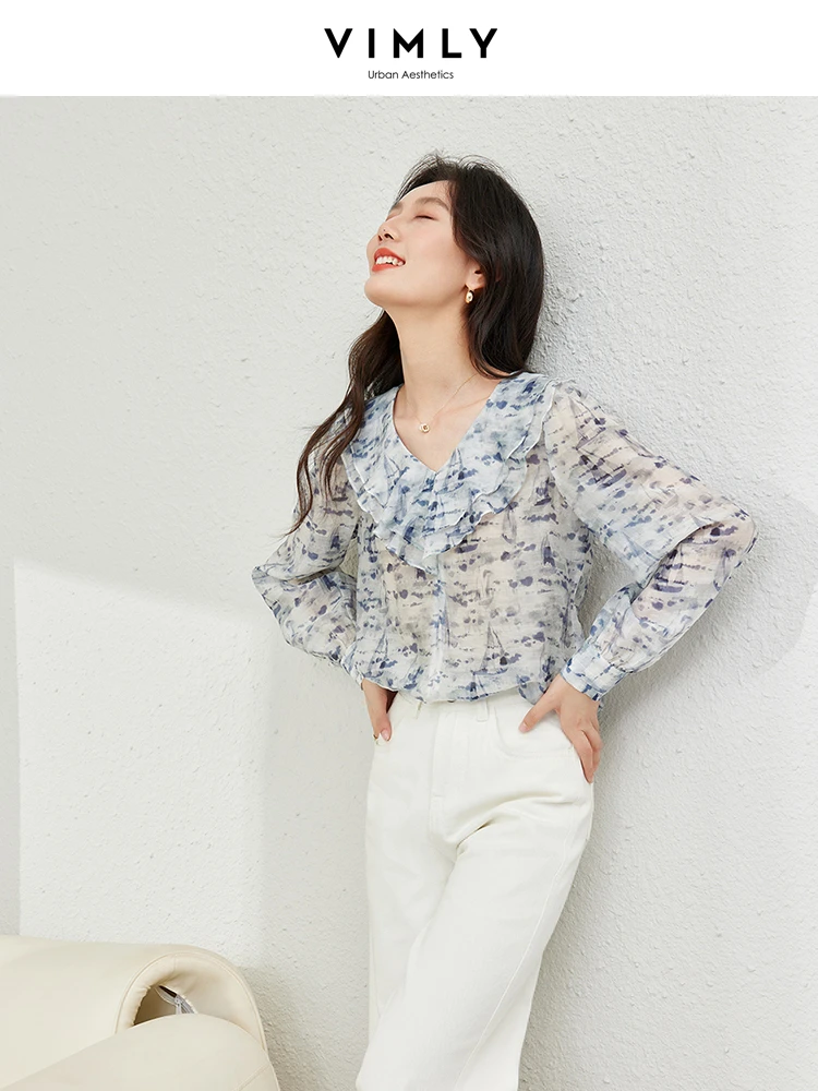 Рубашка Vimly женская шифоновая с V-образным вырезом элегантная Свободная блузка из