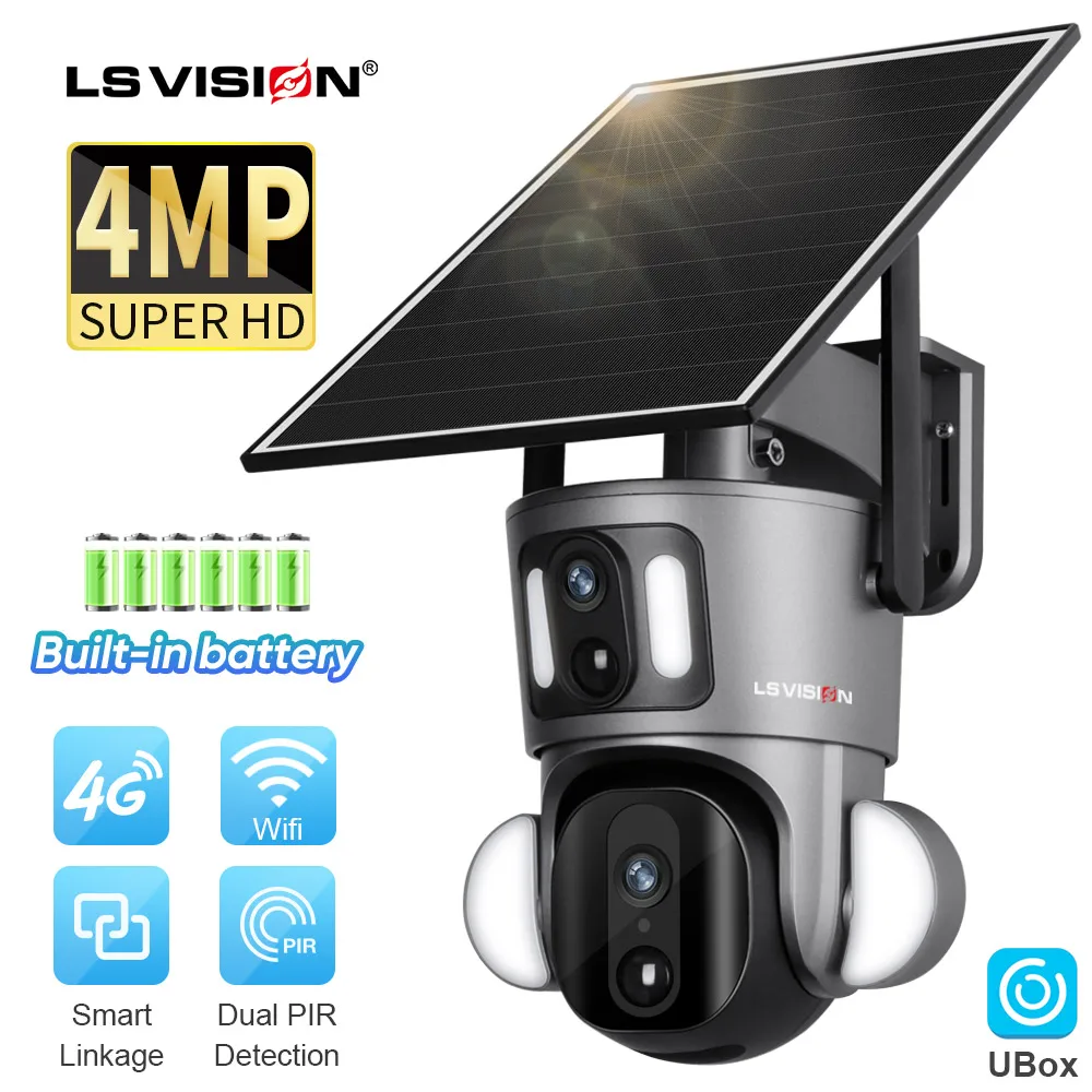 LS VISION 4MP Dual Screen Linkage Solar WiFi Camera Outdoor 4G Dual PIR Detection Human Auto Tracking CCTV Camera 9W Solar Panel