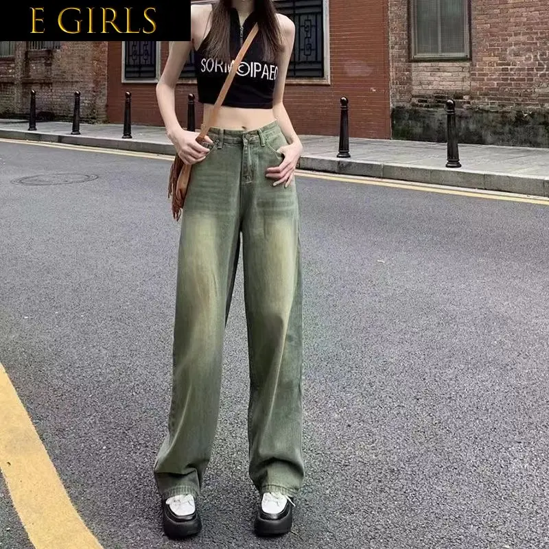 

Зеленые мешковатые джинсы в стиле ретро для девочек, модная уличная одежда в американском стиле Y2k, прямые широкие штаны с высокой талией для похудения и швабры