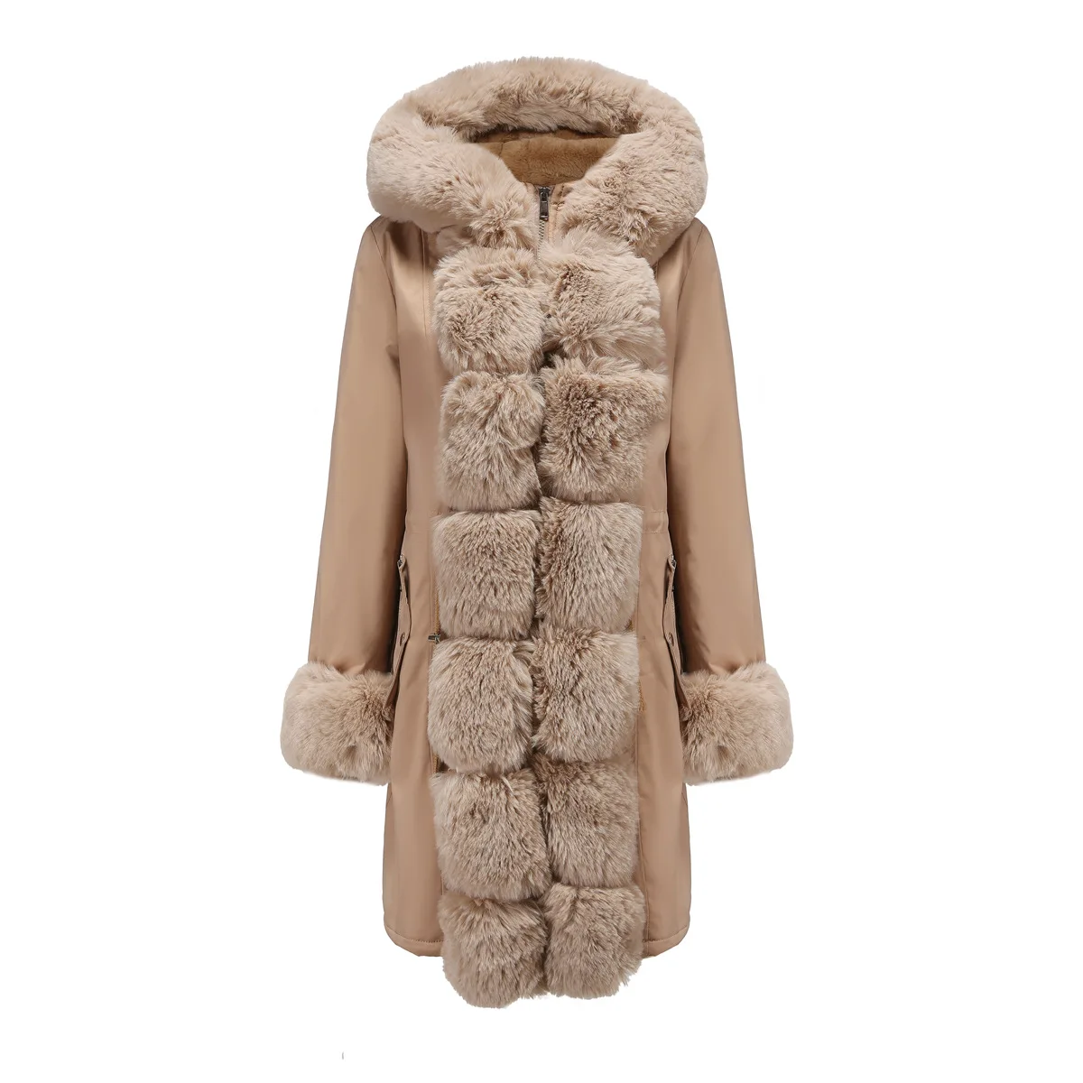 2022 Winter New Cotton Jacket Female Detachable Fur Collar Long Section Long-sleeved Solid Color Fashion Hooded Warm Parkas