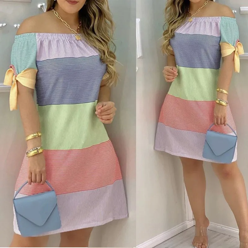 

Женское мини-платье с вырезом лодочкой, летнее Полосатое свободное платье, элегантное платье-трапеция с коротким рукавом и цветочным принтом, женское платье с галстуком-бабочкой