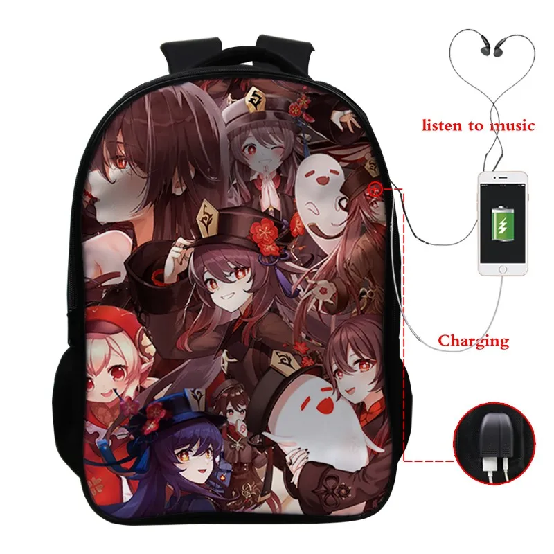 

Популярные игры, Подростковый рюкзак Genshin Impact, 3D рюкзак, мультяшный рюкзак для мальчиков и девочек, рюкзак с Usb Hu Tao, школьная сумка в стиле, ан...