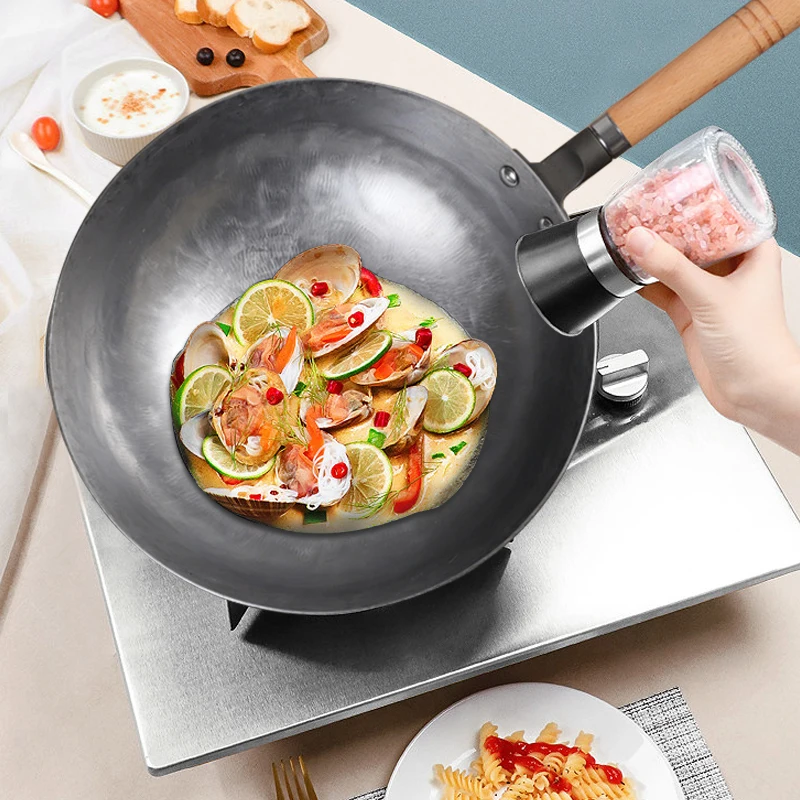 

34cm Heavy Iron Wok Traditional Hand-forged Cast Iron Wok Non-stick Pan Non-coating Gas Cooker Kitchen Cookware
