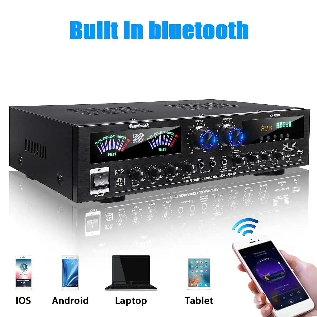 Najtaniej SUNBUCK AV555BT 4000W 5CH 12V Wzmacniacz Mocy Bluetooth Hifi Wzmacniacz Do Kina Domowego Audio Stereo Amplificador FM USB SD 3Mic