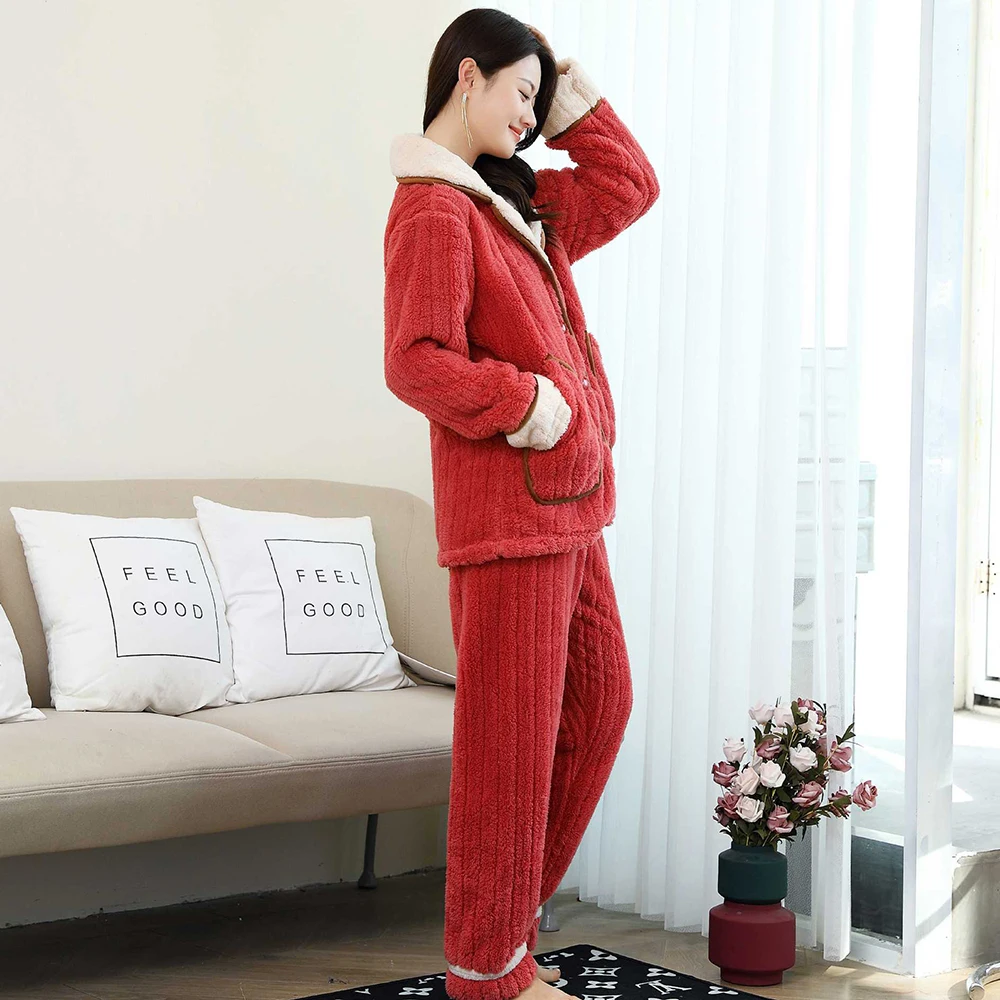 Women's Thicken Flannel  Long-Sleeve Shirt and Full-Length Pants Pajamas Set Winter Warm Soft Pjs Lounge Sets Plush Sleepwear
