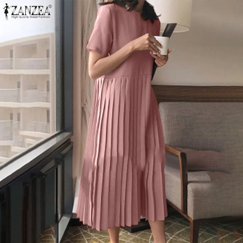 

Vintage Party Casual Loose Fashion Holiday Dresses 2022 ZANZEA Women Summer Half Sleeve Dress O-Neck Solid Pleated Thin Vestidos