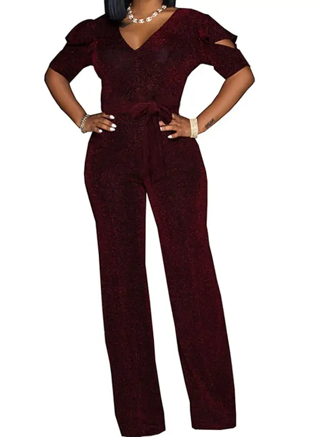 

Women's Jumpsuit Ruffle Solid Color V Neck Elegant Party Going out Regular Fit Half Sleeve Green Blue Black S M L Spring