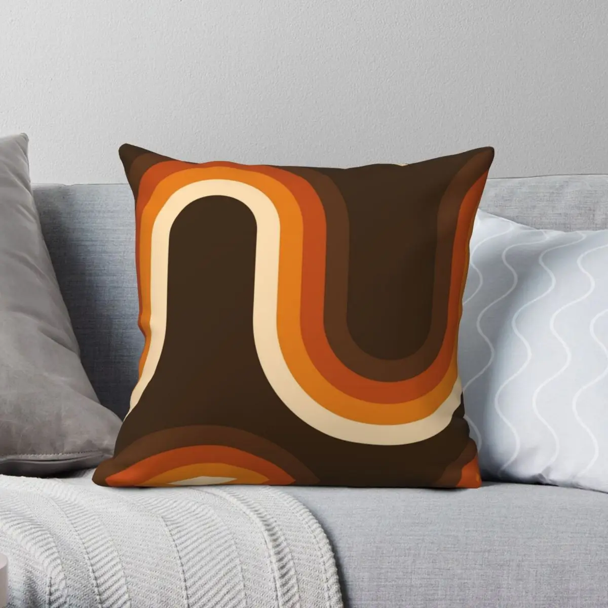 

70s Orange And Brown Waves Pillowcase Polyester Linen Velvet Printed Zip Decor Home Cushion Cover 18"