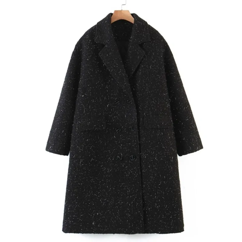 Good Quality Plus Size Woolen Overcoat Women 2022 Winter Drop Shoulder Double Breasted Silver Silk Tweed Thick Warm Quilted Coat