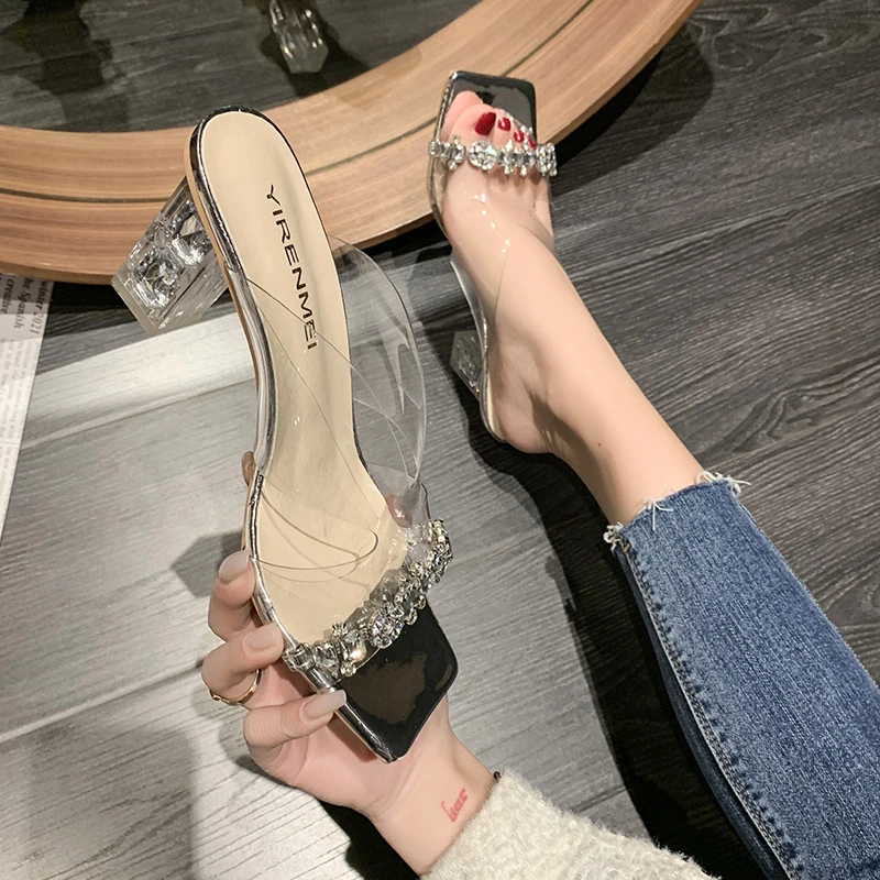 

Женские сандалии на высоком каблуке 7,5 см, шлепанцы, прозрачные кожаные сращивающиеся пикантные мюли на высоком каблуке, модная повседневна...