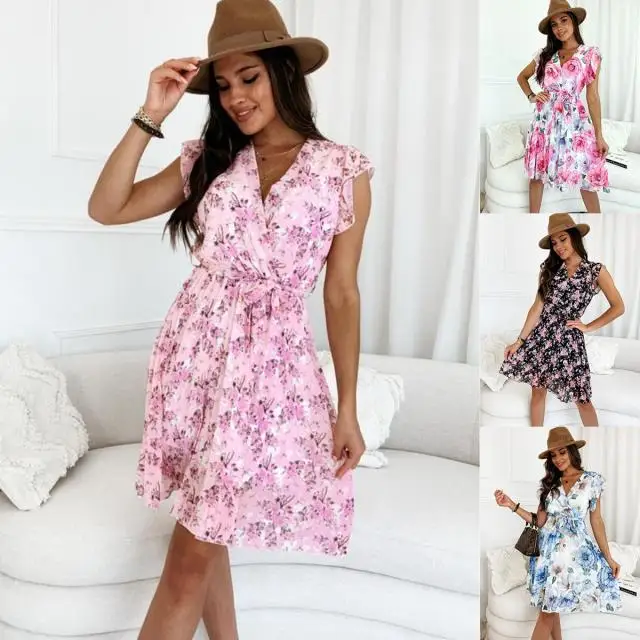 

Elegant girl midi dress flower 2022 summer women's new style fluttering sleeves waist printing pleated dress S-XXL