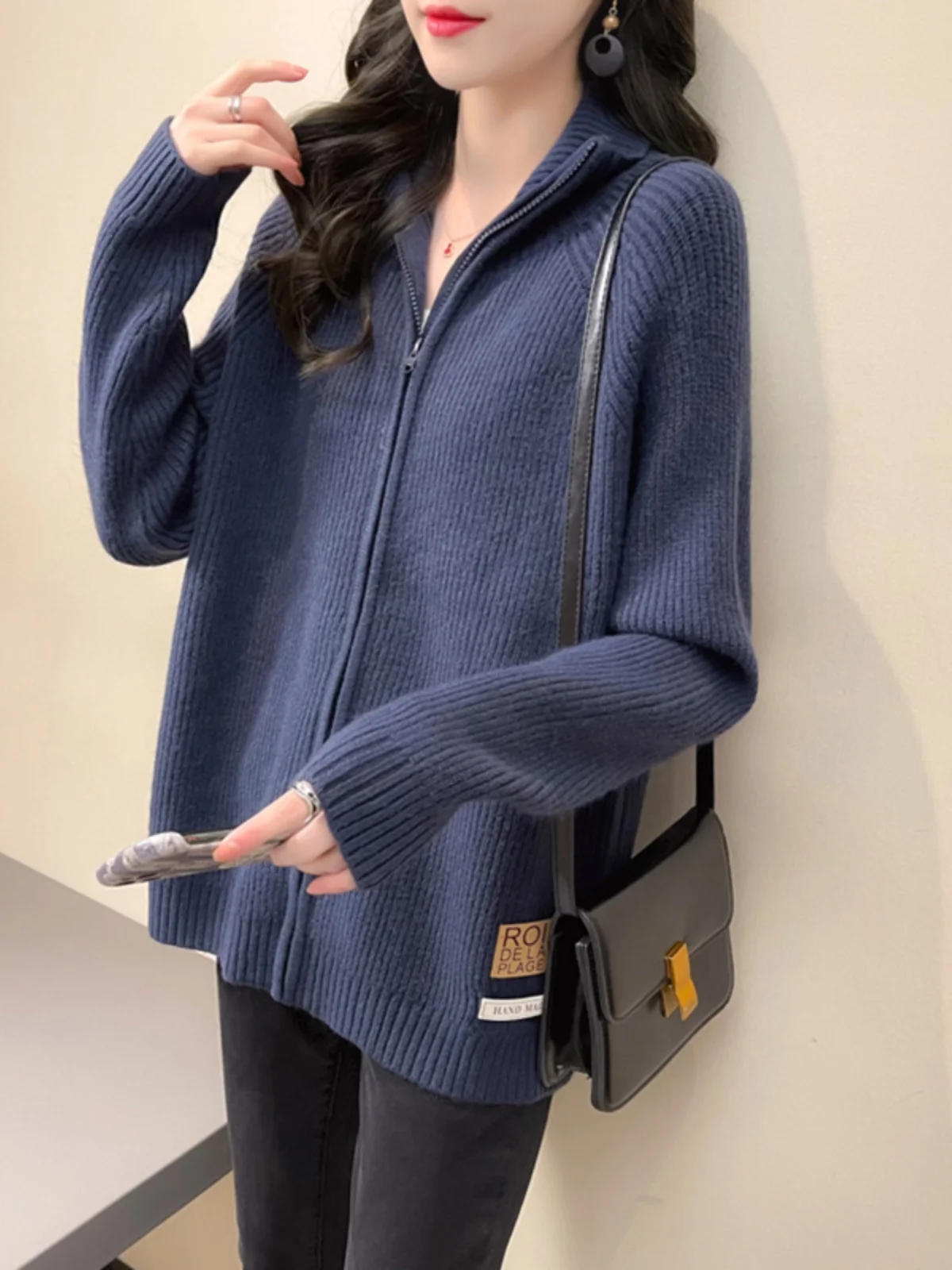 Ранняя осень женский свитер свободный модный вязаный кардиган на молнии