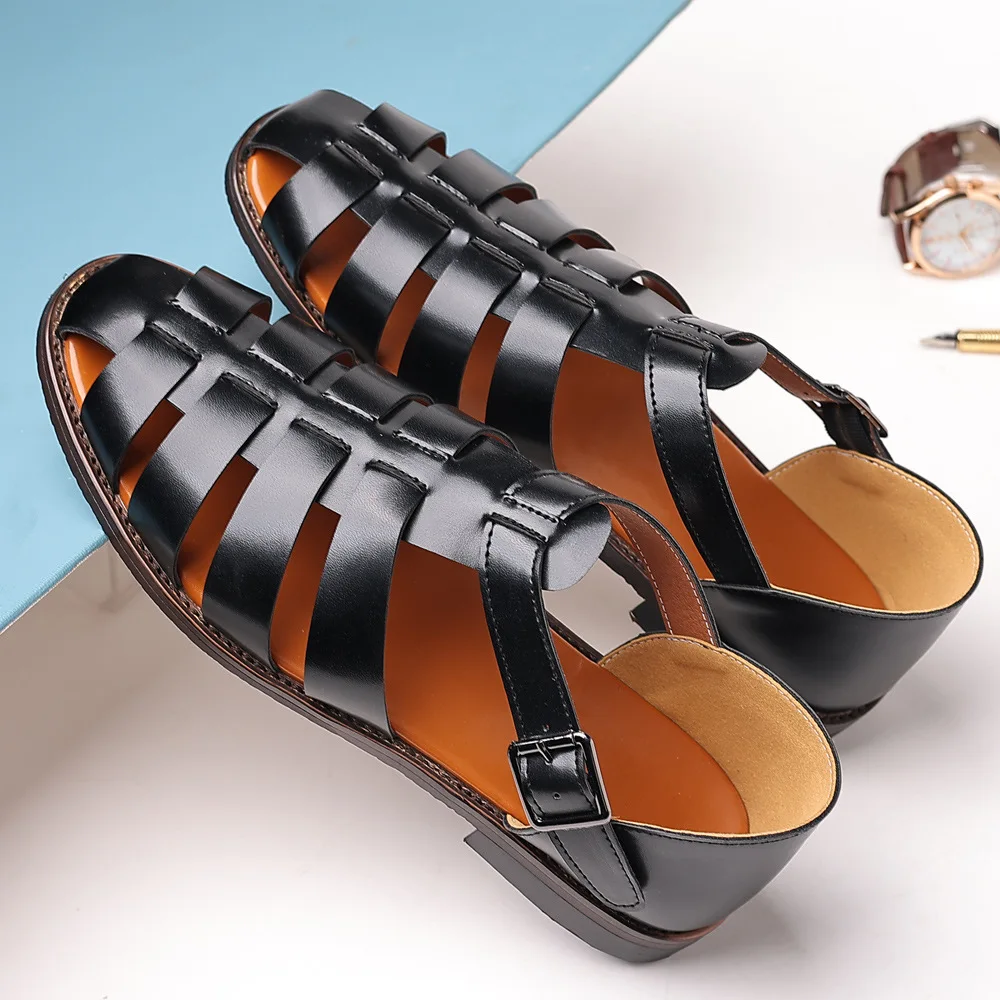 

Men's Leather Sandals Men Trendy Summer Roman Shoes Mens Casual Comfortable Soft Beach Footwear Flats EUR Sizes 38-48