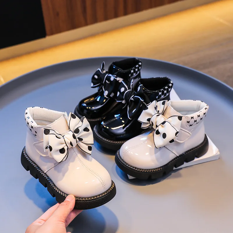 Girl's Winter Boots Sweet Butterfly-knot Plush Lovely Kids Short Boot Chunky Light Leather Black White 26-36 Children Shoes enlarge