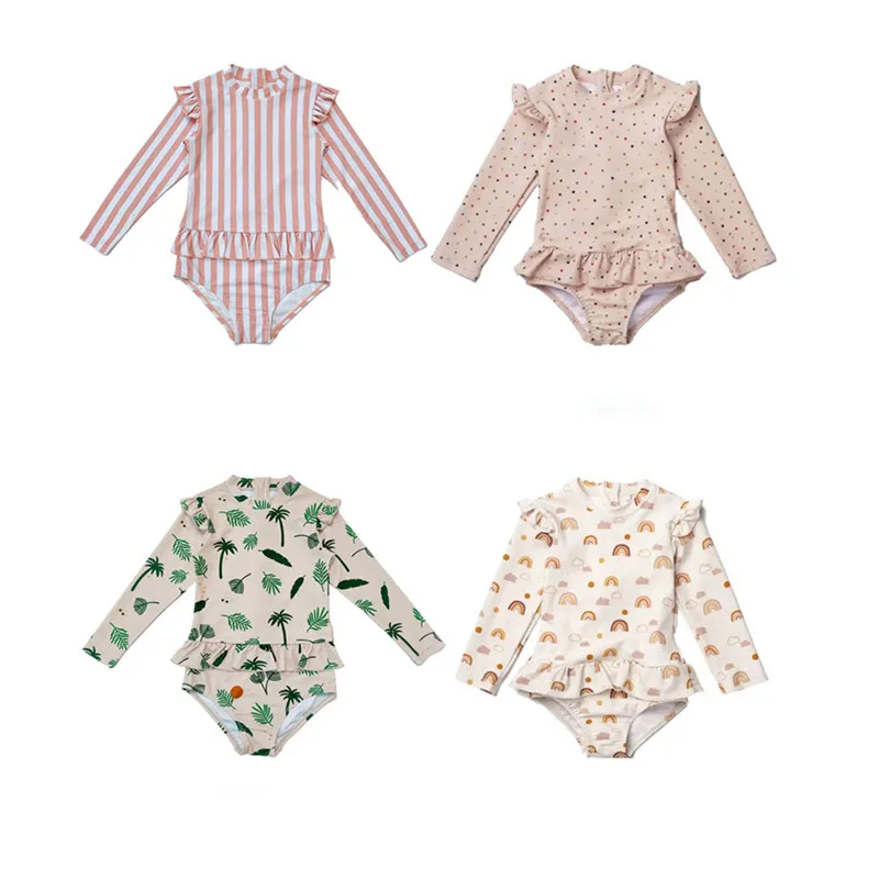 

2023 летний купальник для маленьких девочек с принтом, с длинным рукавом и открытой спиной, Солнцезащитный пляжный купальник с оборками, бикини для отпуска, детские купальники