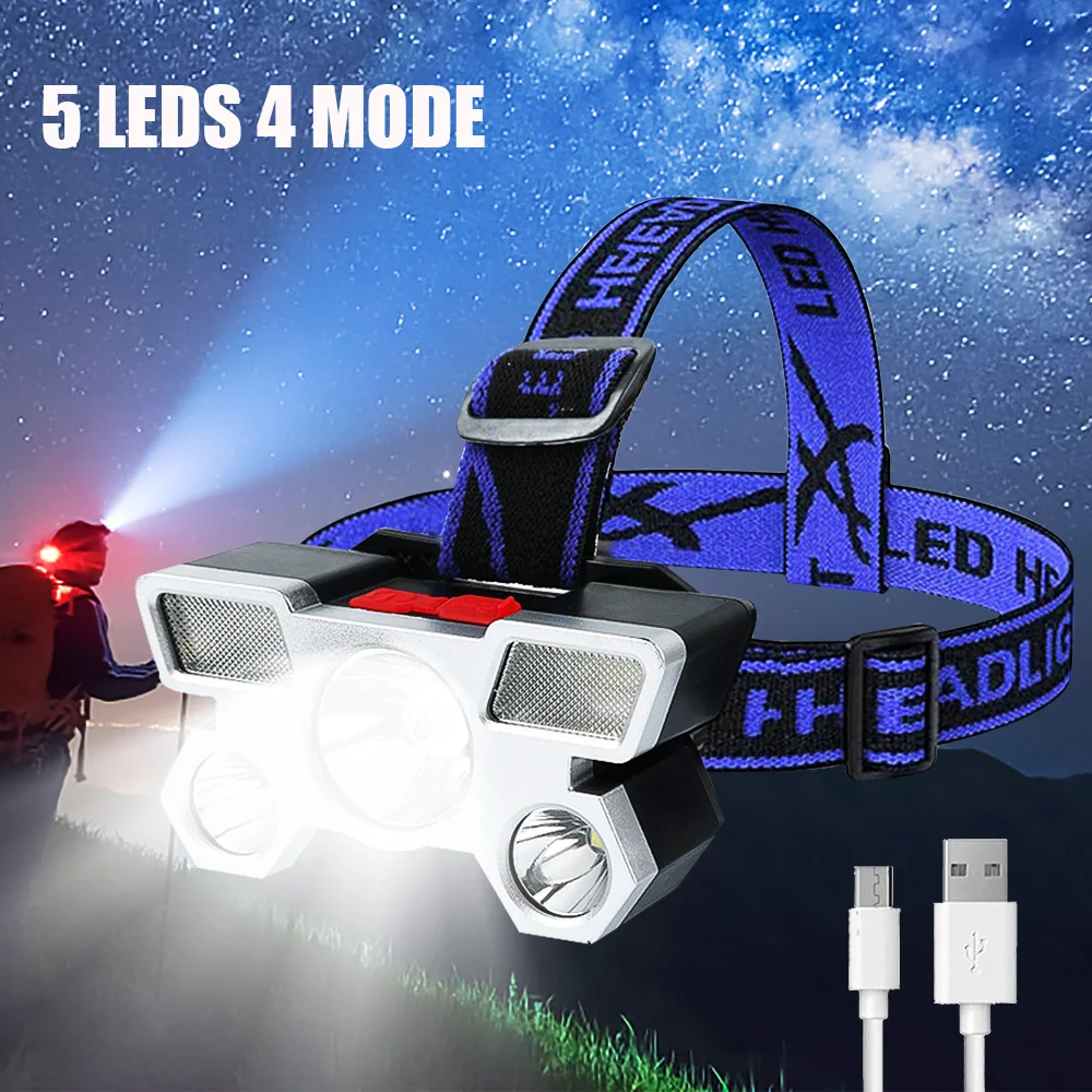 

Portable LED Flashlight 5 LEDS Headlight With Battery Headlamp USB Rechargeable Torch Lamp 4 Lighting Modes Camping Lamp Light