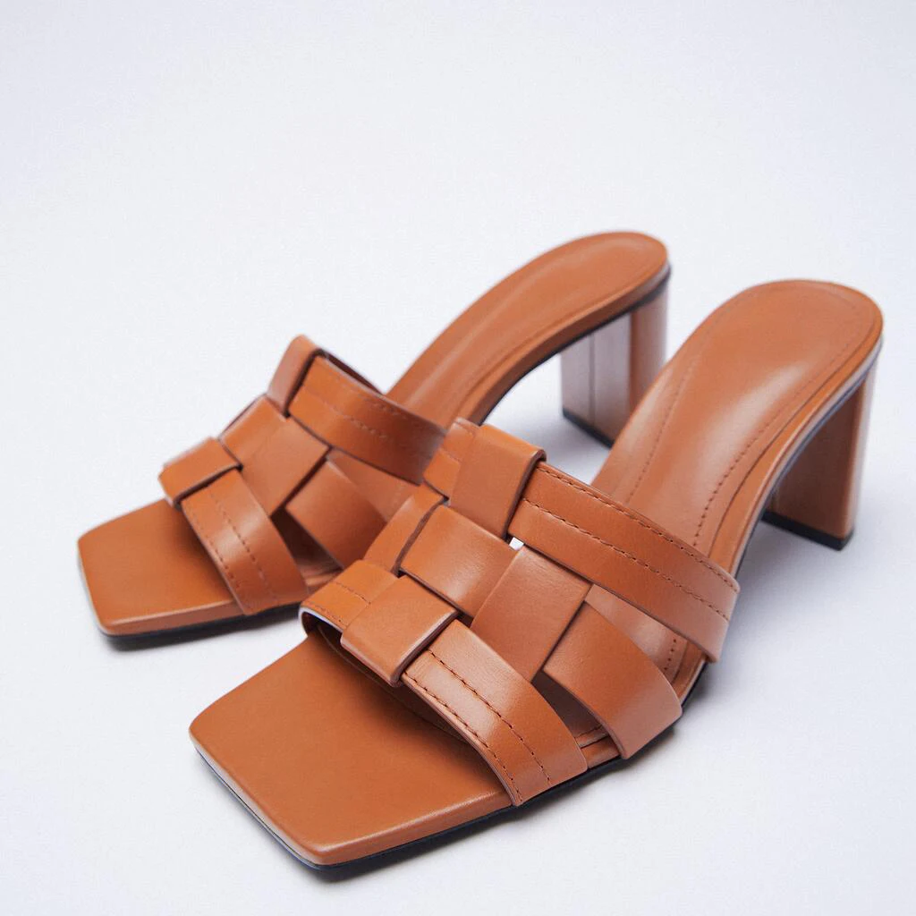 

ZA spring new women's shoes brown thick-heeled cow leather slippers outer sandals