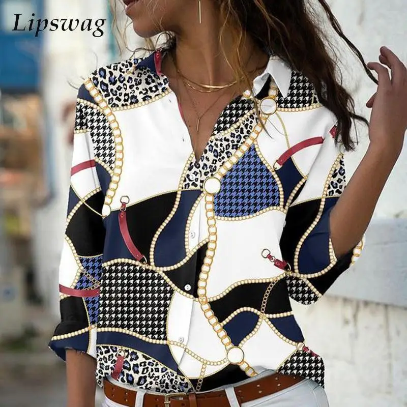 

Блузка женская с отложным воротником и геометрическим принтом, модный элегантный однобортный Топ, Повседневная рубашка с длинным рукавом д...