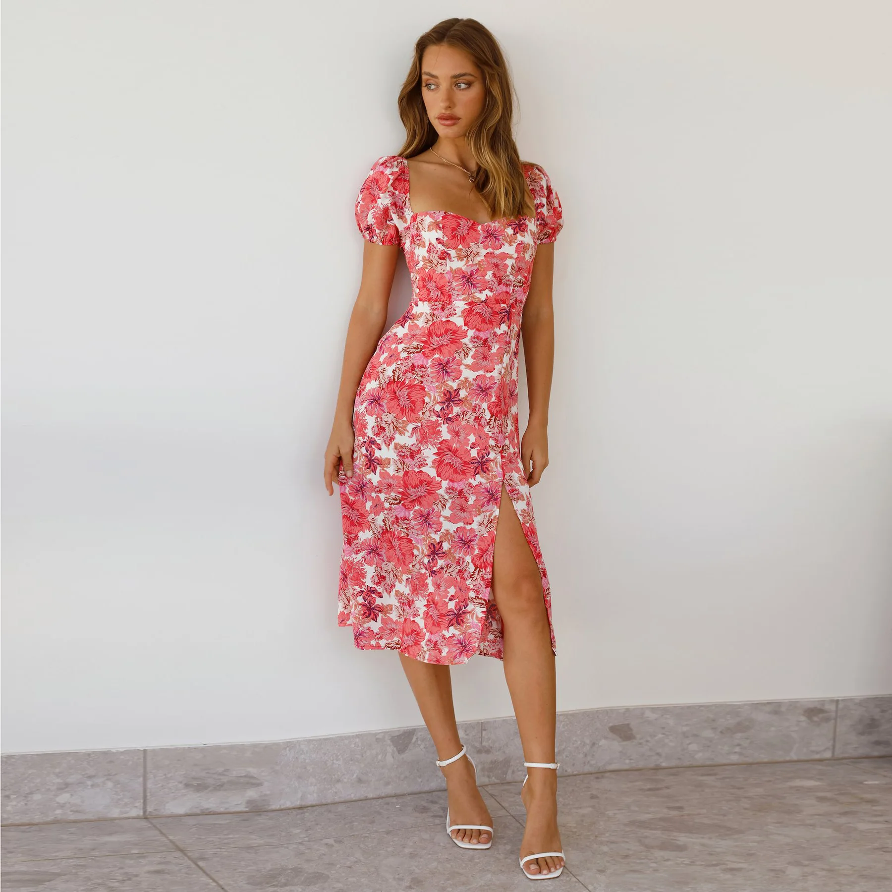 

Elegant Floral Printed Square Collar Summer Dresses For Women Sexy Backless Short Sleeve Slit Midi Dress Club Party Loose Dress