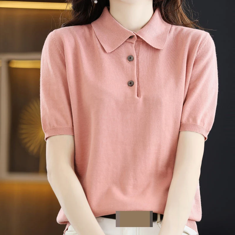 Korean  silk knitted POLO collar short-sleeved T-shirt women's 2022 summer new loose solid color fashion all-match top