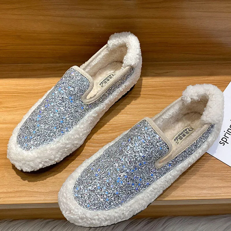 Winter Cotton Shoes Bling Sequins Lambswool Women Loafers Warm Plush Comfy Curly Sheep Fur Flats Mocasines Mujer