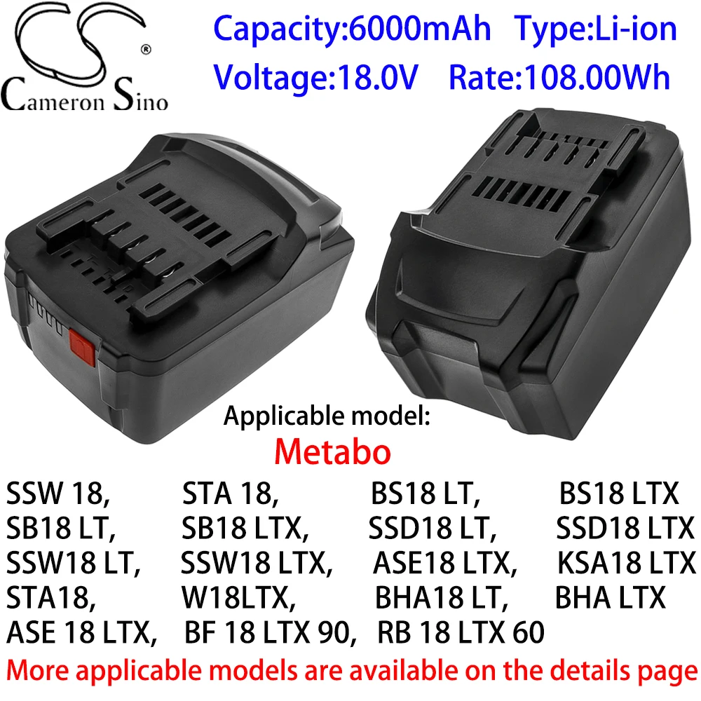 

Cameron Sino Ithium Battery 6000mAh 18.0V for Metabo BS18 LT,BS18 LTX,SB18 LT,SB18 LTX,SSD18 LT,SSD18 LTX,SSW18 LT,SSW18 LTX