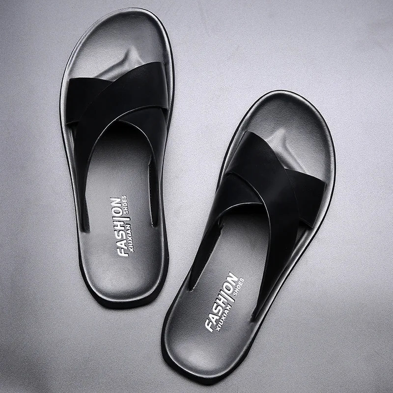 

Summer Genuine Leather Sandals Men Casual Beach Shoes Non-slip Slippers Male Thick Rubber Sole Black Slides Boy Slip on Slippers