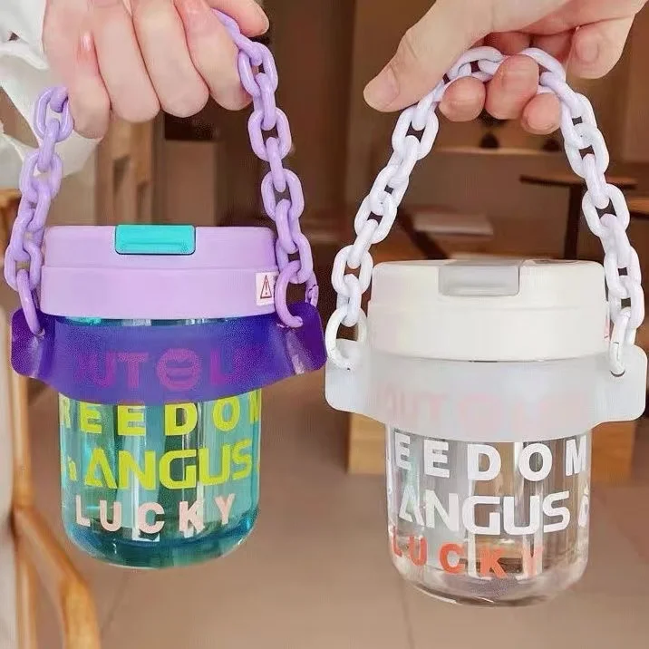 

300ml Portable Chain Coffee Cup with Straw Holder Hanging Paper Water Cup Plastic Case Milk Tea Beverage Simple Drinking Cups