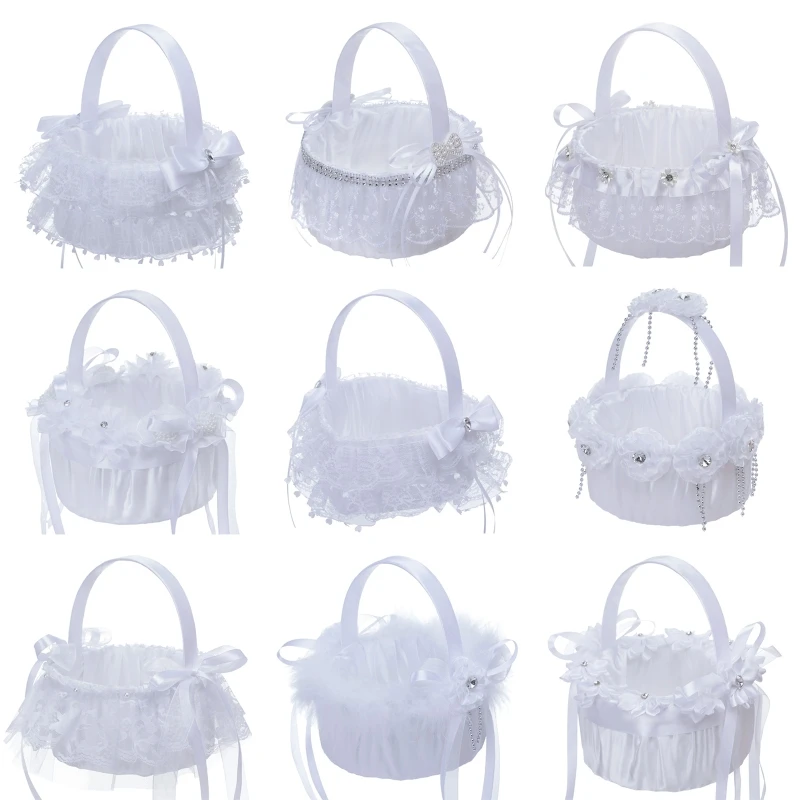 

Delicate White Satin Lace Basket Handicraft for Flower Girls Kids Photo Props