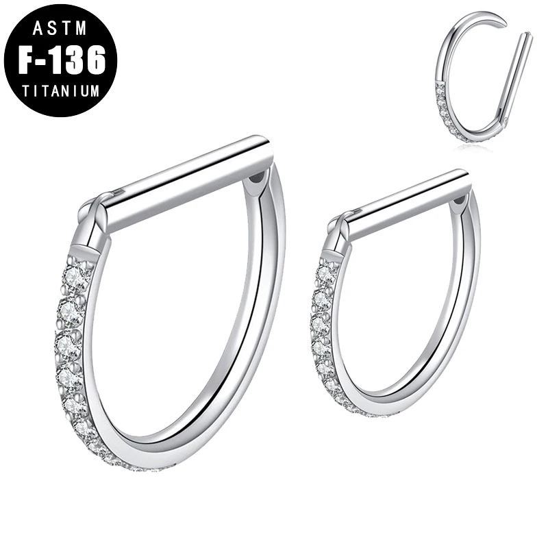 ASTM F136 Titanium Septum Clicker Piercing Nose Ring D Shape Zircon Paved Ear Cartilage Tragus Helix Lip Segment Ring Jewelry