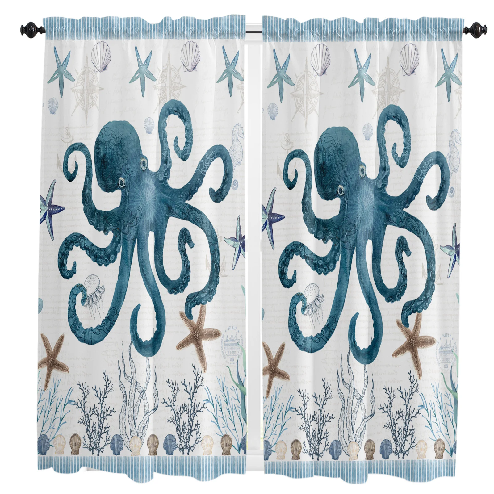 

Ocean Stripes Seaweed Starfish Octopus Curtain Home Decoration Living Room Short Curtains Window Treatments For Kitchen Bedroom