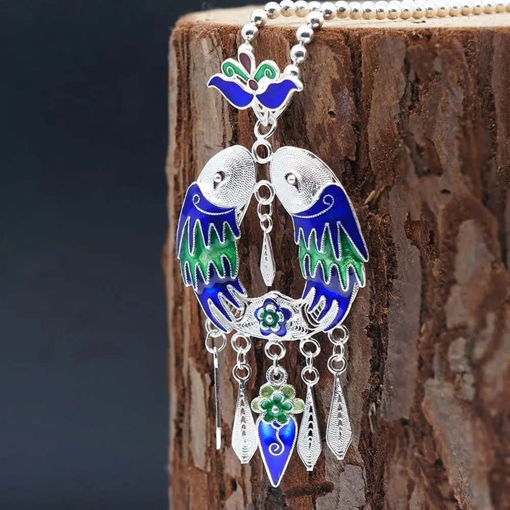 

Pure S999 Sterling Silver Enamel Filigree Flower Double Fish Tassel Pendant 12g