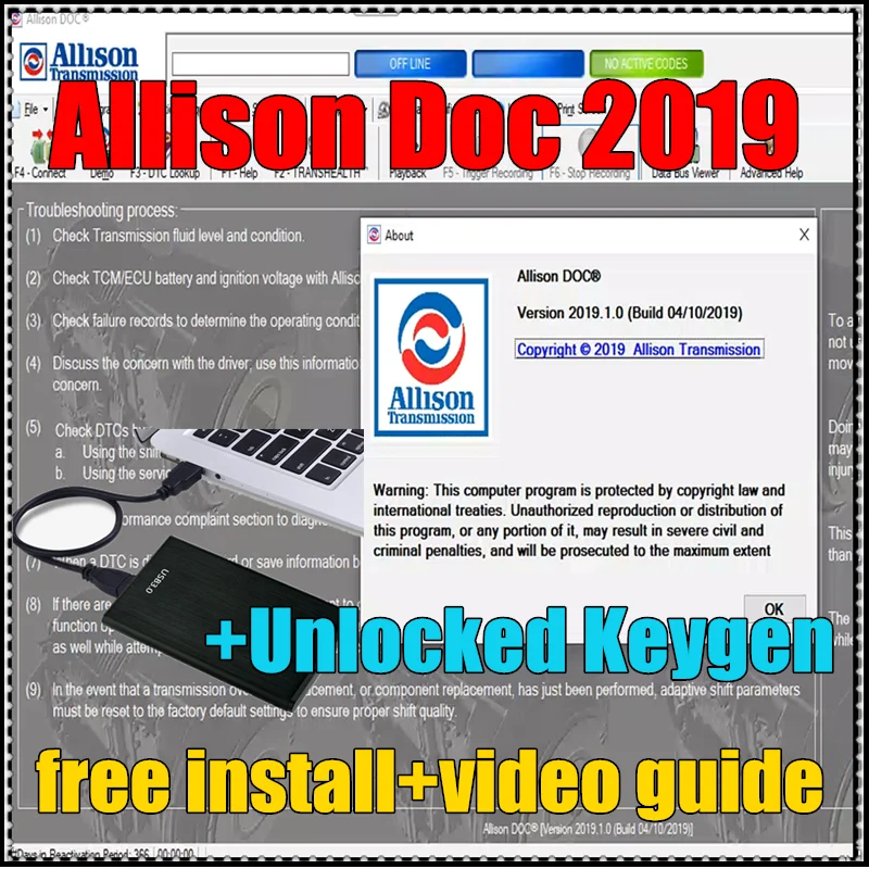Allison DOC 2019 с разблокированным генератором ключей + передачей файлов GEN5, инструмент для ПК-сервиса может работать с NEXIQ Tool неограниченным для многих ПК