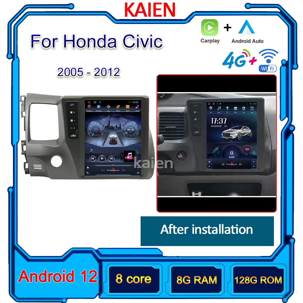 

KAIEN For Honda Civic 2005-2012 Android 12 Auto Navigation GPS Stereo Video Car Radio DVD Multimedia Player DSP Wifi 4G Music